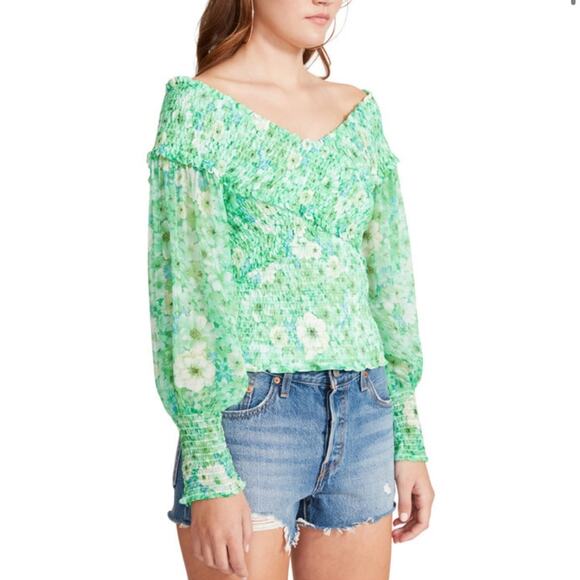 BB Dakota by Steve Madden Wrapped Up in You Green Floral Off Shoulder Top Size S - Picture 1 of 9